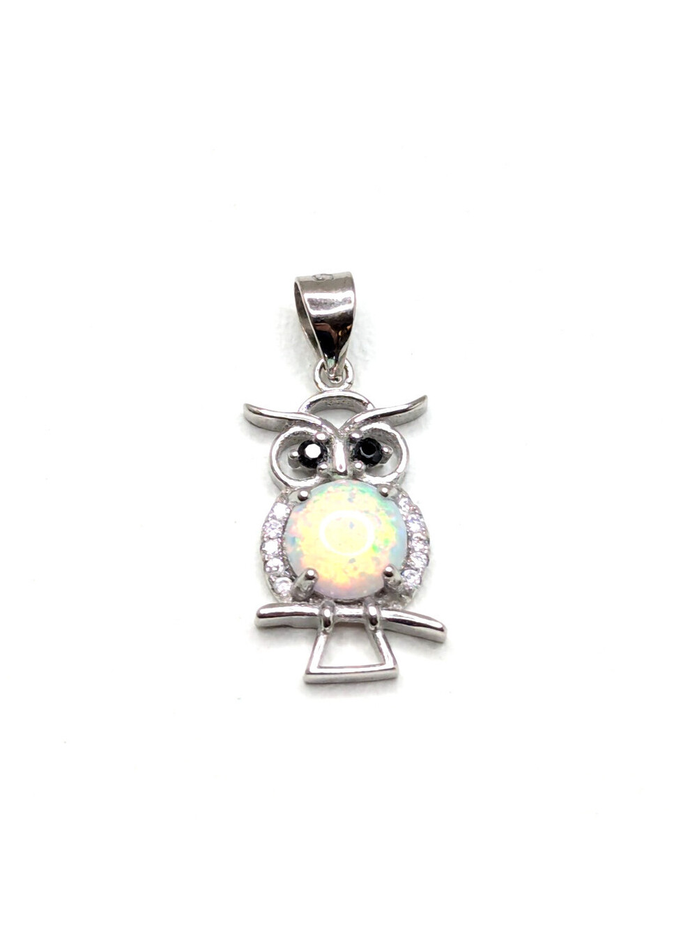 Sterling Silver 925 Vintage Owl Rainbow Opal CZ Stone Charm Bail Pendant 1.40g